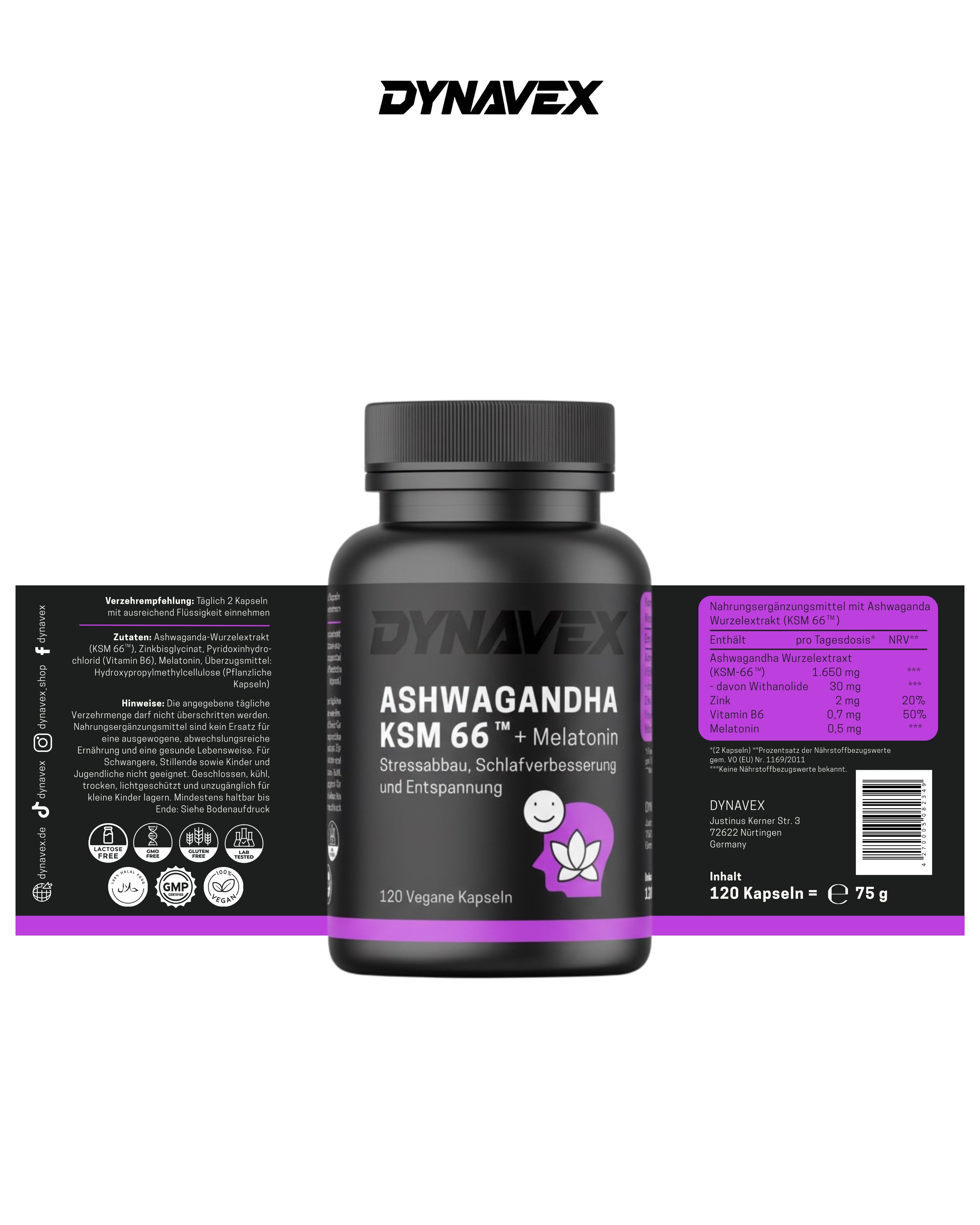 ASHWANGANDHA KSM 66 + MELATONIN, 120 Vegane Kapseln